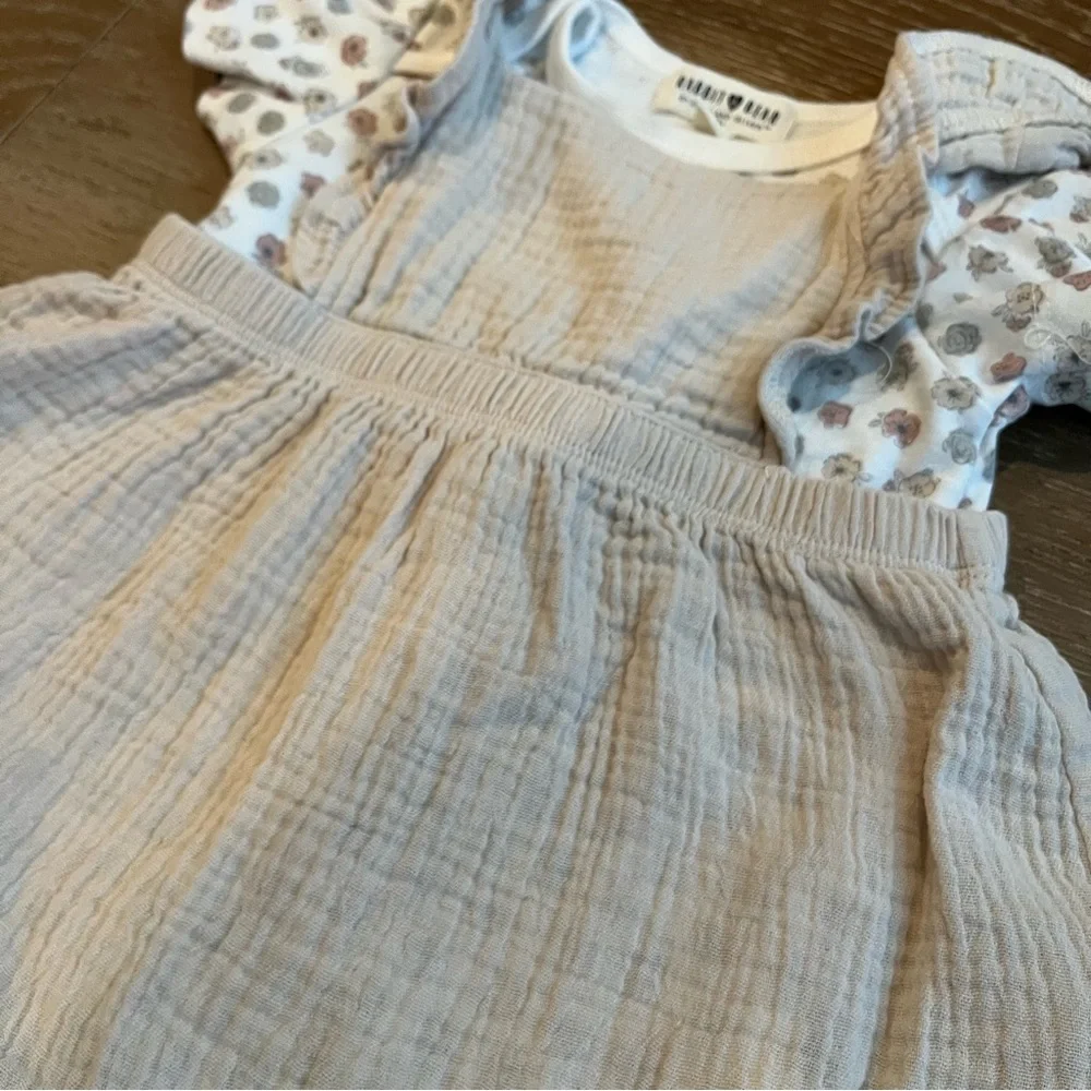 Baby Girl Outfit Dress Set Beige Floral Bodysuit Size 12 Months